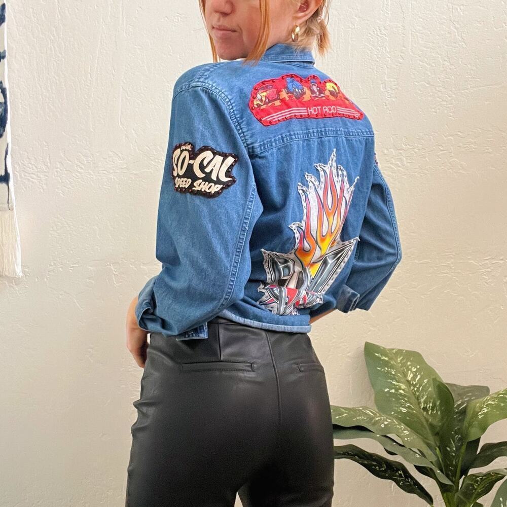 Vintage Y2K Hot Rod Patch Embellished Denim Button Up Top